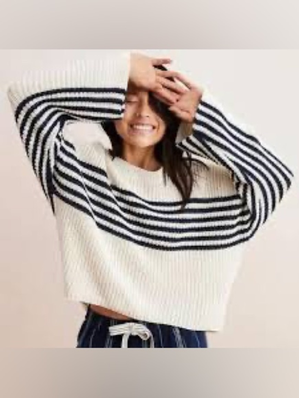 aerie Cream Navy Striped Crewneck Sweater Fisherman core nautical Stripe S Knit